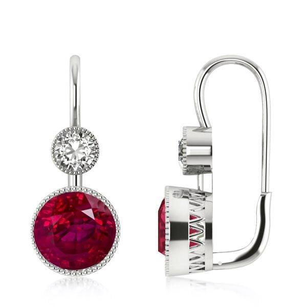 Milgrain Round Cut Ruby Drop Earrings in Sterling Silver with Rhodium Finish