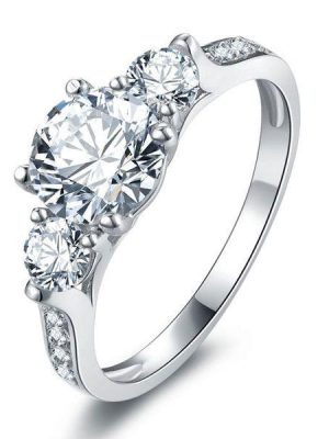 Three Stone Created White Sapphire Engagement Ring - 925 Sterling Silver