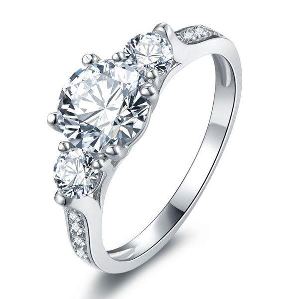 Three Stone Created White Sapphire Engagement Ring - 925 Sterling Silver