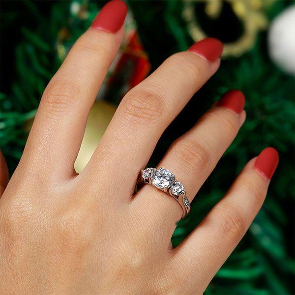 Three Stone Created White Sapphire Engagement Ring - 925 Sterling Silver
