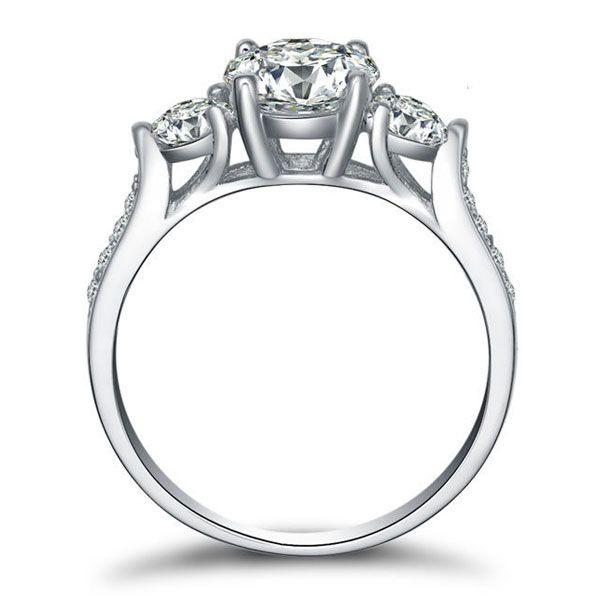 Three Stone Created White Sapphire Engagement Ring - 925 Sterling Silver