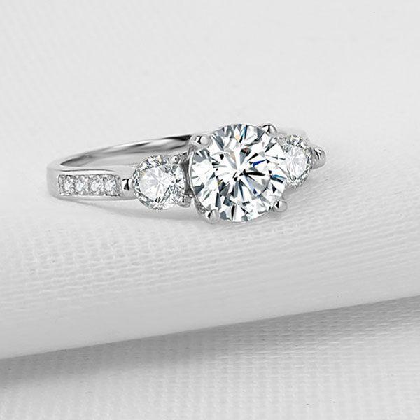 Three Stone Created White Sapphire Engagement Ring - 925 Sterling Silver