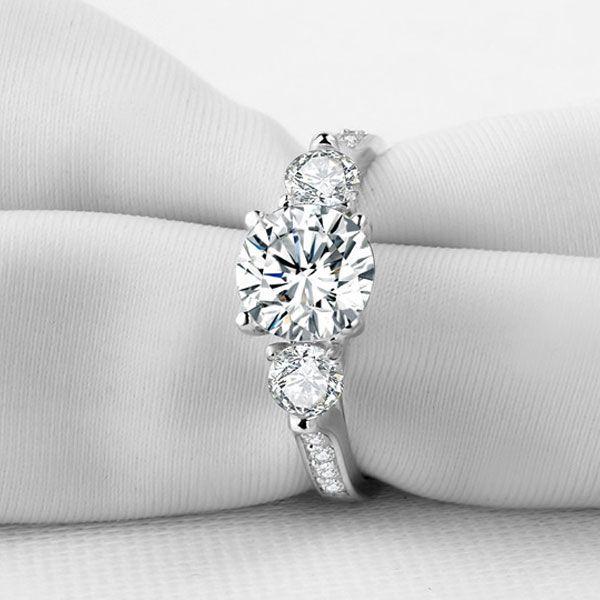Three Stone Created White Sapphire Engagement Ring - 925 Sterling Silver