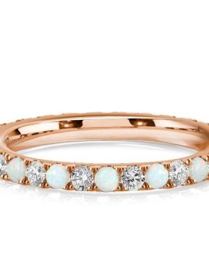 Classic Eternity Wedding Band with Round Opal and White Stones, 925 Sterling Silver