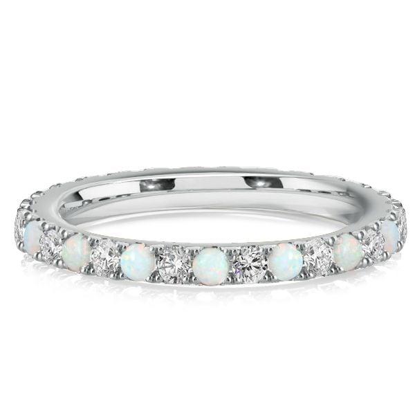 Classic Eternity Wedding Band with Round Opal and White Stones, 925 Sterling Silver