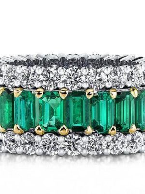 Two Tone Emerald Cut Cubic Zirconia Triple Row Wedding Band in Sterling Silver