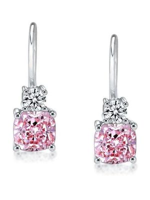 Cushion Cut Pink Sapphire Drop Earrings in Rhodium-Plated Sterling Silver