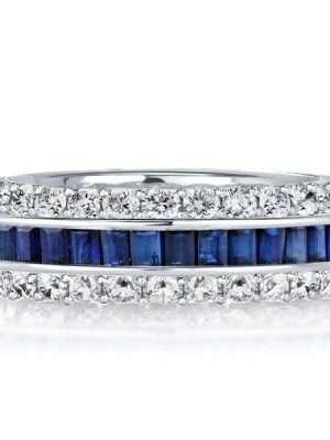 Sterling Silver Triple Row Eternity Wedding Band with White and Blue Stones