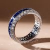Sterling Silver Triple Row Eternity Wedding Band with White and Blue Stones