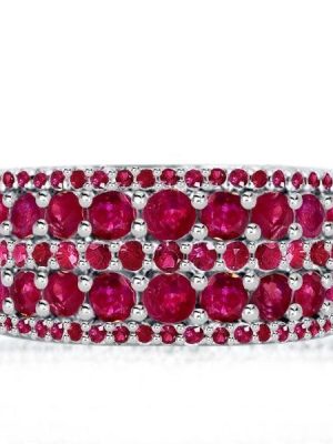 Round Cut Ruby Multi Row Wedding Band in Rhodium Plated Sterling Silver