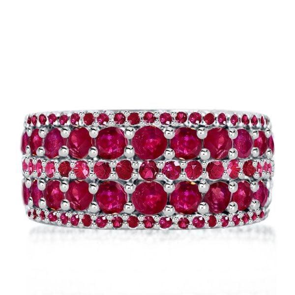 Round Cut Ruby Multi Row Wedding Band in Rhodium Plated Sterling Silver