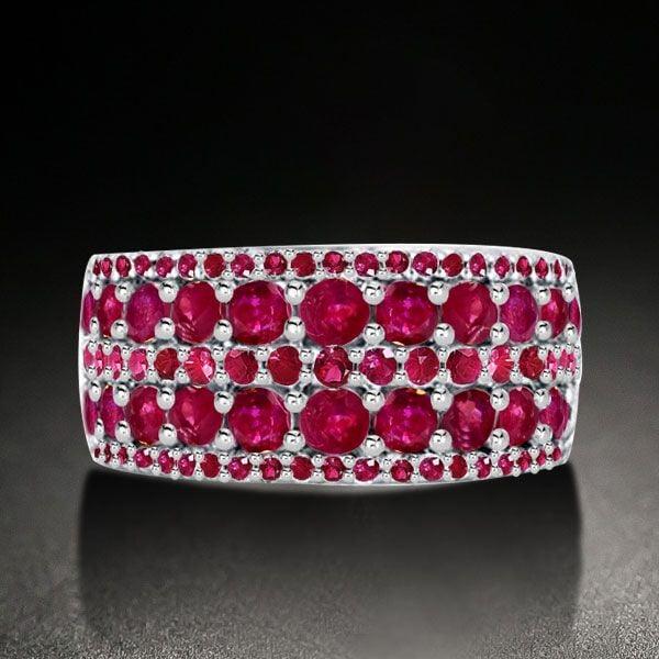 Round Cut Ruby Multi Row Wedding Band in Rhodium Plated Sterling Silver