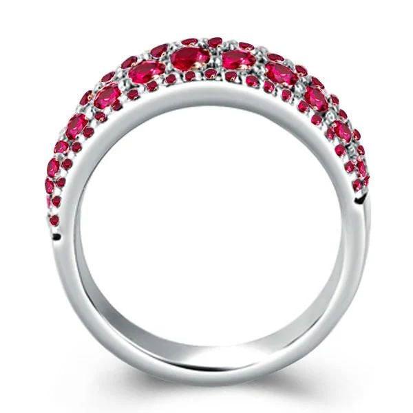 Round Cut Ruby Multi Row Wedding Band in Rhodium Plated Sterling Silver