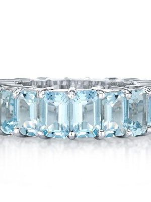 8.50 CT. TW. Emerald Cut Aquamarine Eternity Band Ring in Rhodium Plated Sterling Silver