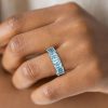 8.50 CT. TW. Emerald Cut Aquamarine Eternity Band Ring in Rhodium Plated Sterling Silver