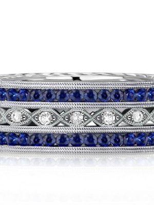 Milgrain Blue Sapphire Eternity Wedding Band for Women in Sterling Silver