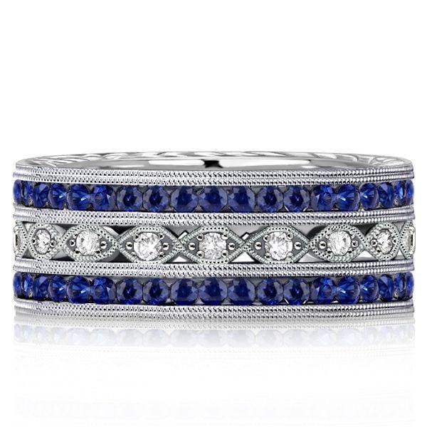 Milgrain Blue Sapphire Eternity Wedding Band for Women in Sterling Silver