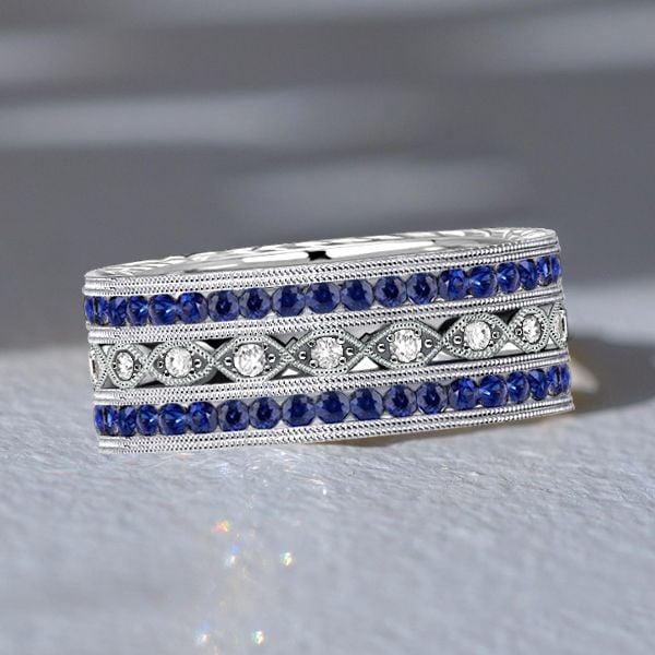 Milgrain Blue Sapphire Eternity Wedding Band for Women in Sterling Silver
