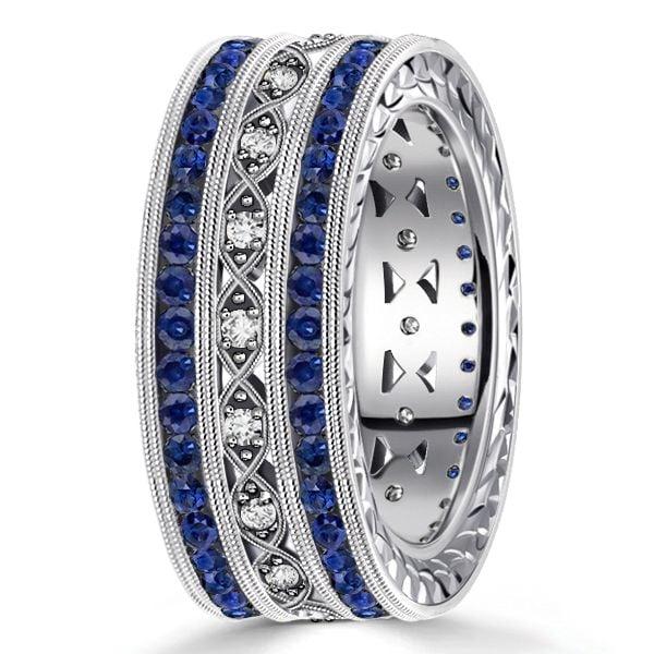 Milgrain Blue Sapphire Eternity Wedding Band for Women in Sterling Silver