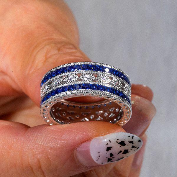 Milgrain Blue Sapphire Eternity Wedding Band for Women in Sterling Silver