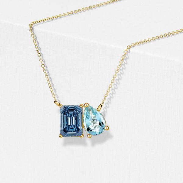 Toi Et Moi Necklace - Blue Topaz, Emerald & Aquamarine - Sterling Silver