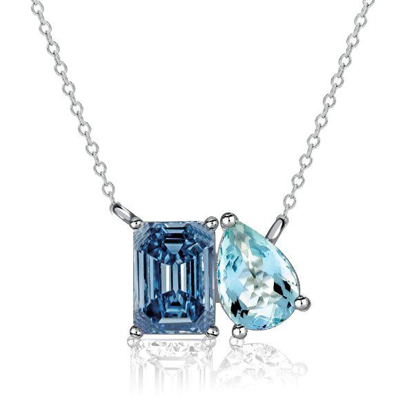 Toi Et Moi Necklace - Blue Topaz, Emerald & Aquamarine - Sterling Silver