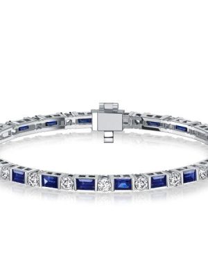 Sterling Silver Blue Sapphire Baguette Cut Tennis Bracelet - Rhodium Plated