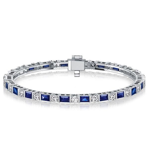 Sterling Silver Blue Sapphire Baguette Cut Tennis Bracelet - Rhodium Plated