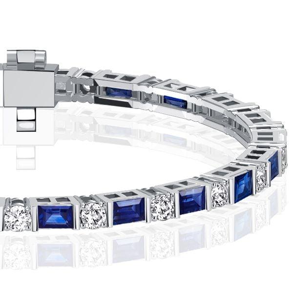 Sterling Silver Blue Sapphire Baguette Cut Tennis Bracelet - Rhodium Plated