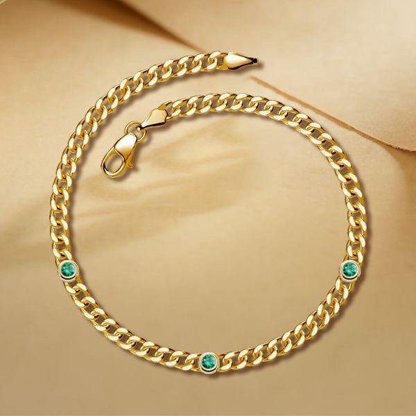 18K Gold Plated Sterling Silver Gemstone Cuban Link Bracelet - Emerald, Sapphire