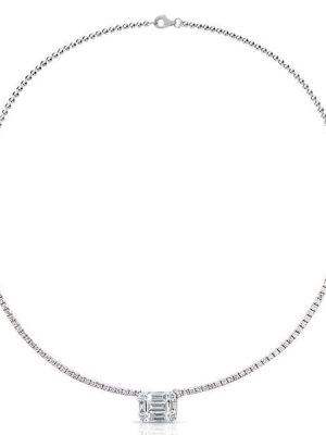 Baguette Cut Tennis Pendant Necklace - Sterling Silver - 17-22 Inch