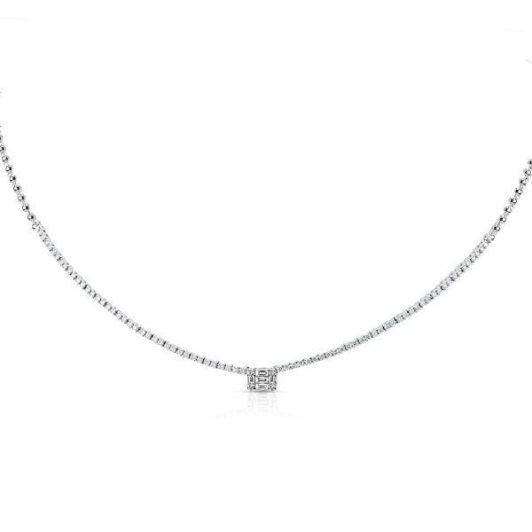 Baguette Cut Tennis Pendant Necklace - Sterling Silver - 17-22 Inch
