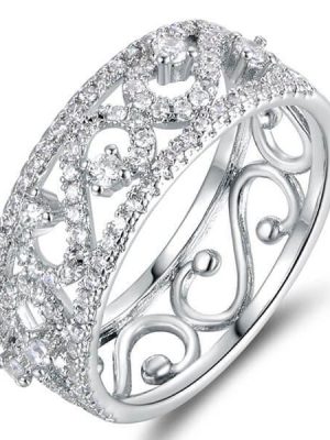 Vintage Lace White Sapphire Wedding Band - Sterling Silver Filigree Ring