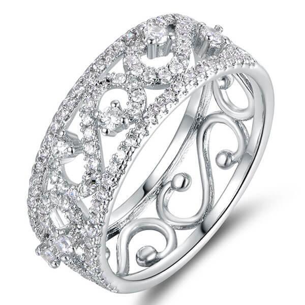 Vintage Lace White Sapphire Wedding Band - Sterling Silver Filigree Ring