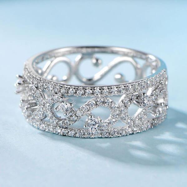 Vintage Lace White Sapphire Wedding Band - Sterling Silver Filigree Ring