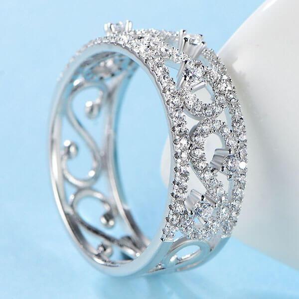 Vintage Lace White Sapphire Wedding Band - Sterling Silver Filigree Ring