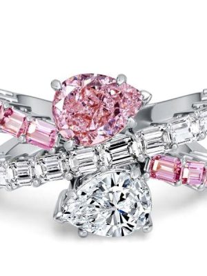 Pear Cut White and Pink Sapphire Engagement Ring in Rhodium Plated 925 Sterling Silver