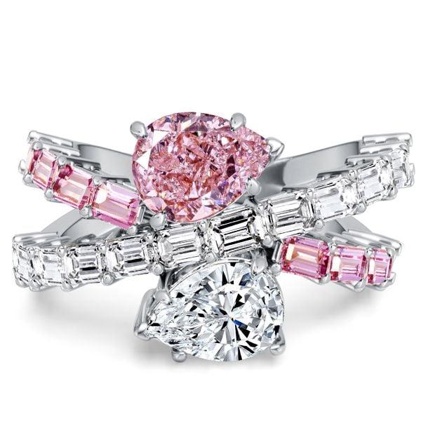 Pear Cut White and Pink Sapphire Engagement Ring in Rhodium Plated 925 Sterling Silver