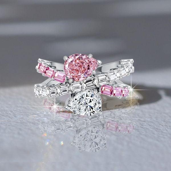Pear Cut White and Pink Sapphire Engagement Ring in Rhodium Plated 925 Sterling Silver