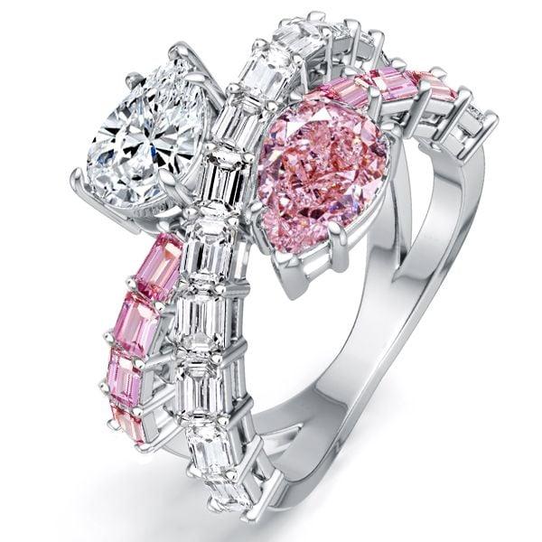 Pear Cut White and Pink Sapphire Engagement Ring in Rhodium Plated 925 Sterling Silver
