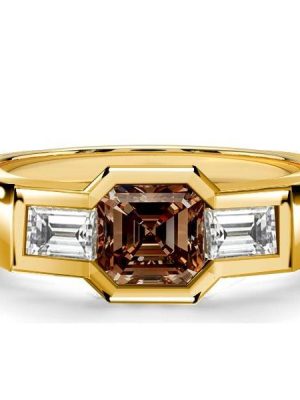 Golden Brown Sapphire Asscher Cut 3 Stone Engagement Ring in 18K Gold Plated Sterling Silver