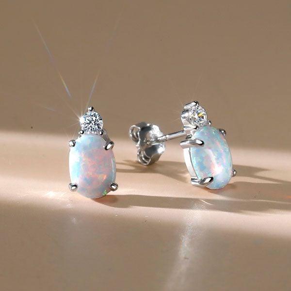 Vintage Oval Cut Opal Earrings in 925 Sterling Silver | Rhodium Plated Studs