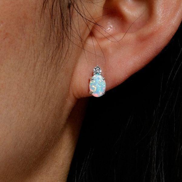 Vintage Oval Cut Opal Earrings in 925 Sterling Silver | Rhodium Plated Studs