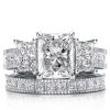 Milgrain White Sapphire Bridal Set - Sterling Silver Three Stone Ring