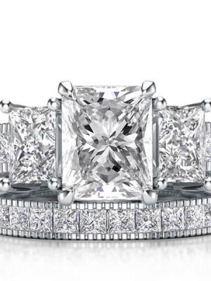 Milgrain White Sapphire Bridal Set - Sterling Silver Three Stone Ring