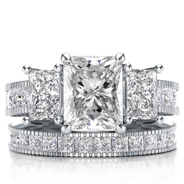 Milgrain White Sapphire Bridal Set - Sterling Silver Three Stone Ring