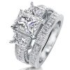 Milgrain White Sapphire Bridal Set - Sterling Silver Three Stone Ring