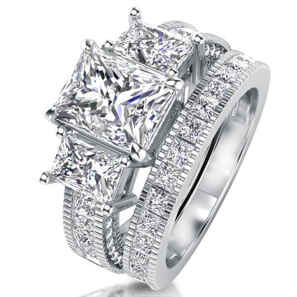 Milgrain White Sapphire Bridal Set - Sterling Silver Three Stone Ring
