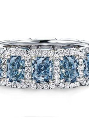 Cushion Cut Blue Topaz Eternity Band Ring for Women in Sterling Silver
