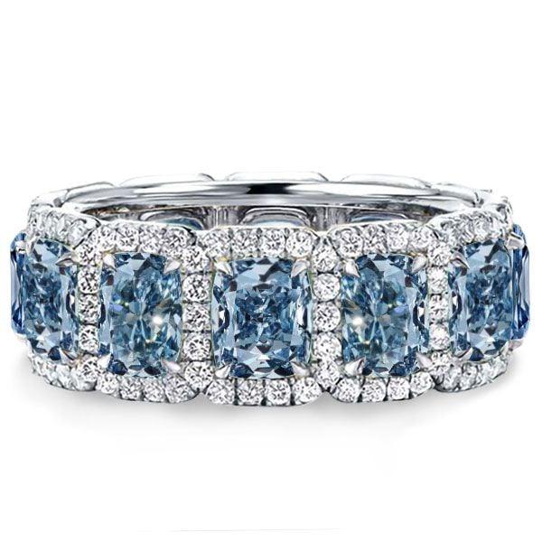 Cushion Cut Blue Topaz Eternity Band Ring for Women in Sterling Silver